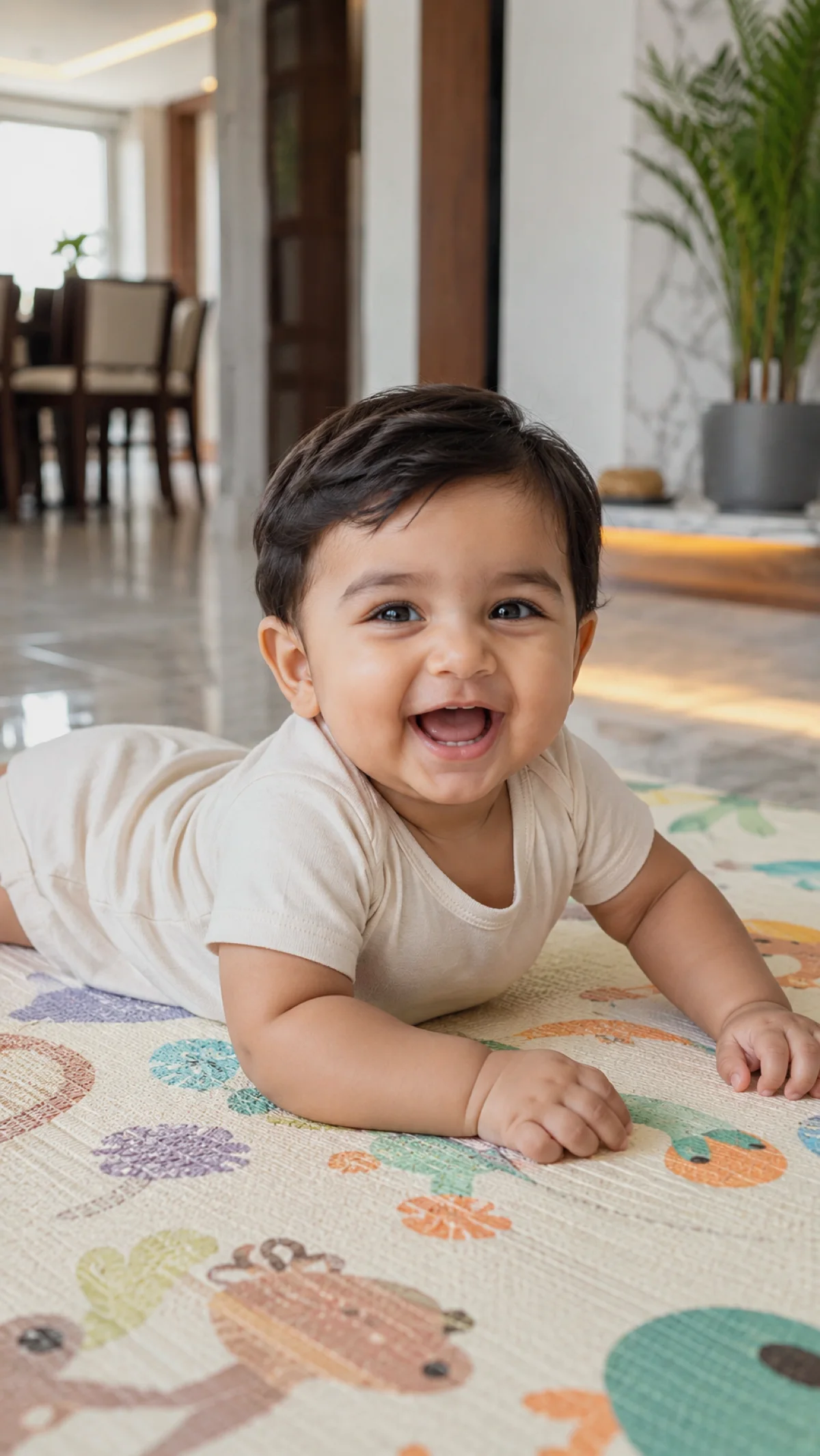 A baby laughing on a playmat