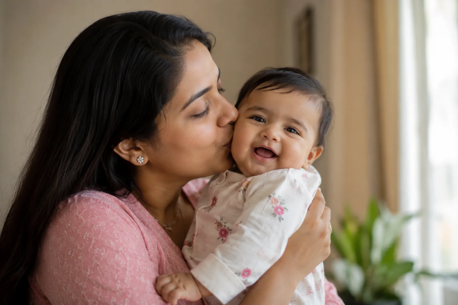 A mother kissing her laughing baby