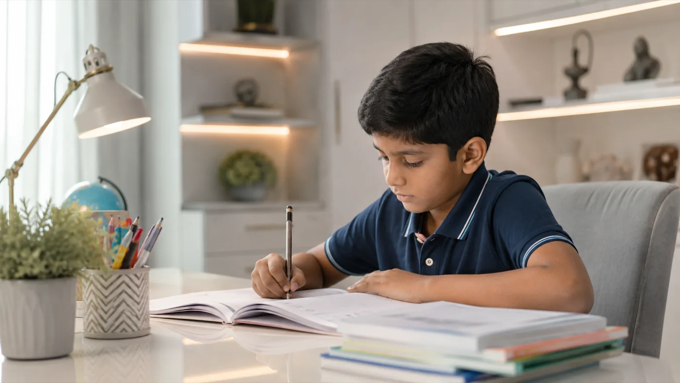 A boy doing his homework at a desk