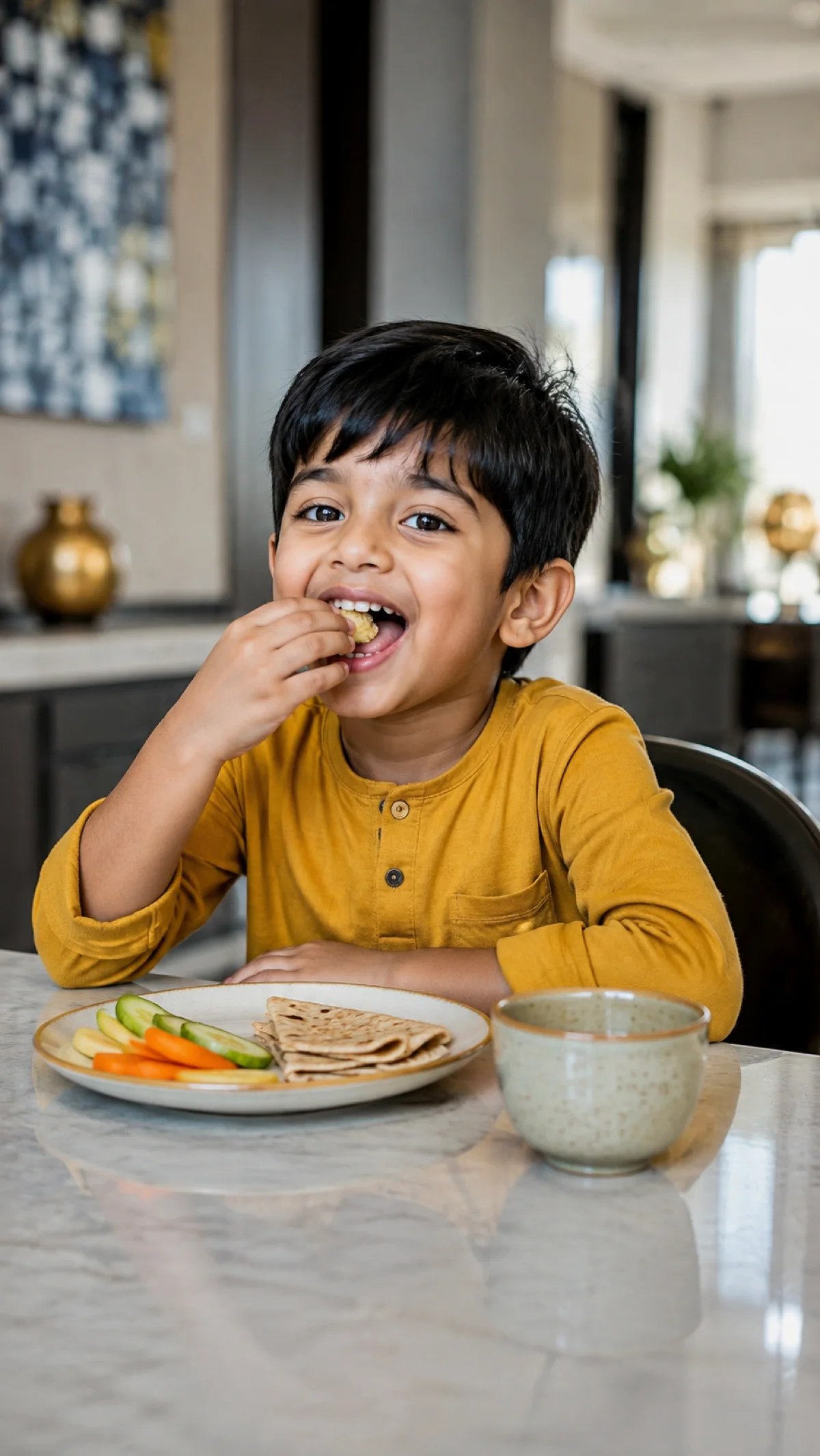 A boy eating at the table