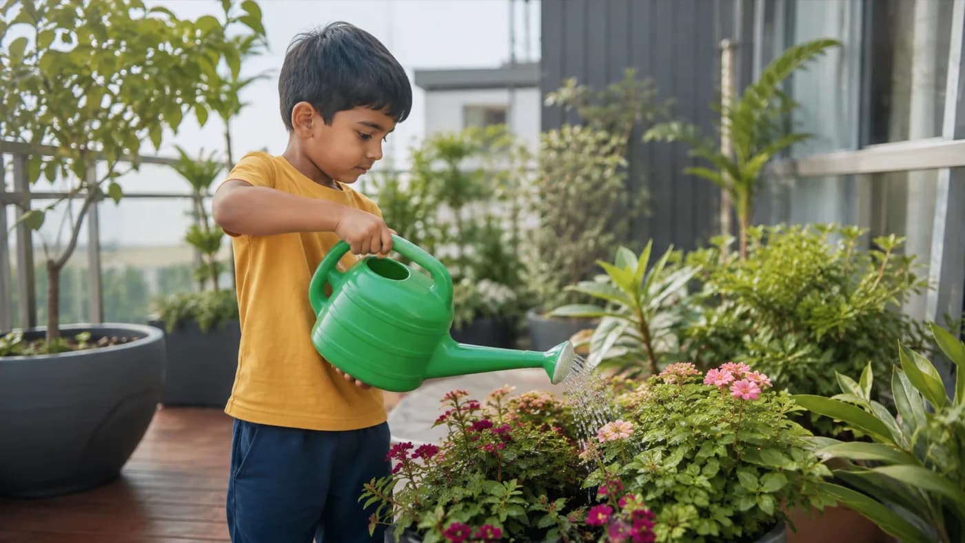 A boy watering the plants