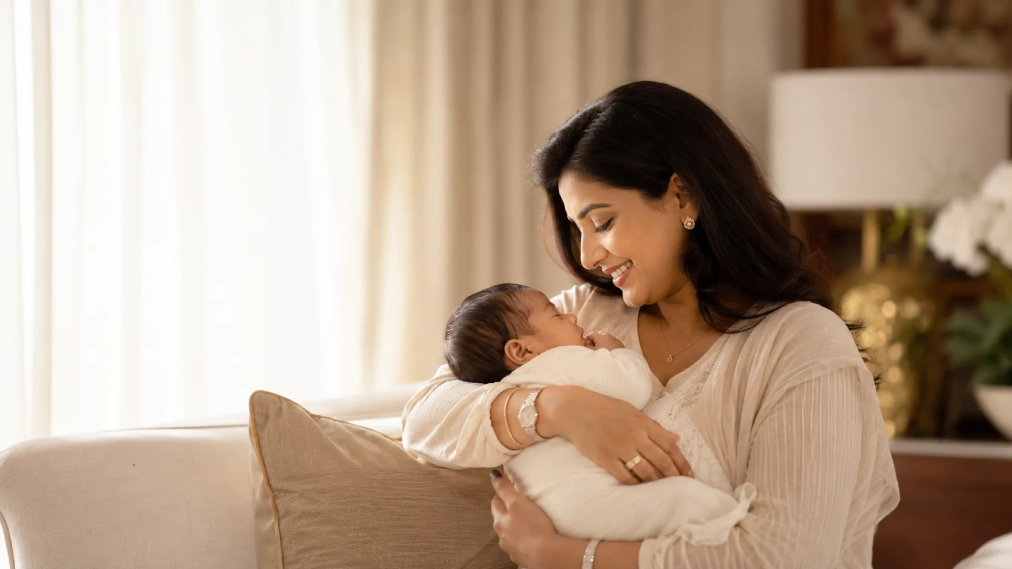 A mother holding her newborn close at home