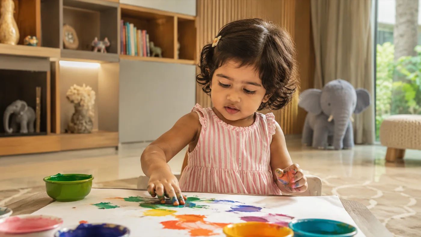 A little girl finger-painting